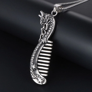 Retro stainless steel dragon comb pendant necklace with round bead chain for men