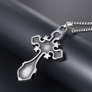 Gothic titanium steel cross pendant necklace with sandblasted finish and bead chain