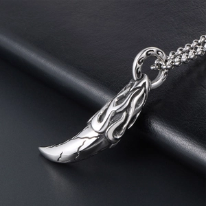 Gothic silver wolf tooth pendant necklace in vintage cracked steel with cross chain