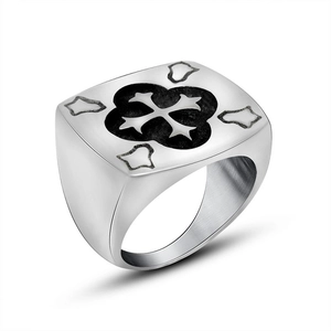 Retro mens titanium steel signet ring with black square cross relief on silver band