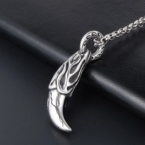Men's titanium steel wolf tooth pendant necklace featuring vintage flame carvings on leather