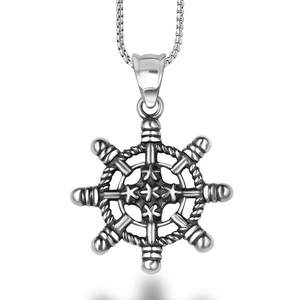 Collier Pendentif Gouvernail en Acier Inoxydable Vintage Hommes Style Nautique Argent Antique Bijoux en Acier Titane