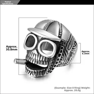 Detail view of punk skull ring with hat and goggles showing size dimensions and weight