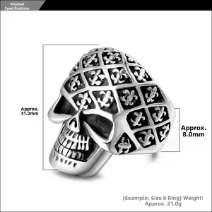 Detailed view of skull ring dimensions showing 31.2mm height and 21.0g weight