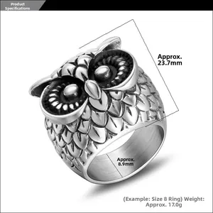 Detailed macro view showing the owl ring dimensions 23.7mm height and 8.9mm band width