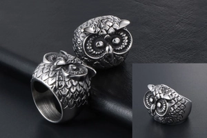 Detailed macro shot of vintage owl head ring showing gothic punk stainless steel feathers