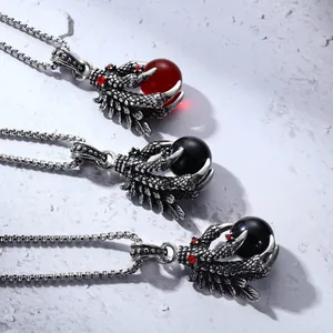 Gothic Punk Dragon Claw Pendant Necklace Titanium Steel Red Rhinestone Black Bead Pendant Necklace For Men Women Hip Hop Jewelry Gift