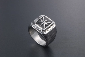Macro view of vintage punk steel ring featuring an engraved compass and geometric details