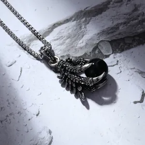 Vintage silver dragon claw necklace with black obsidian bead and long metal chain