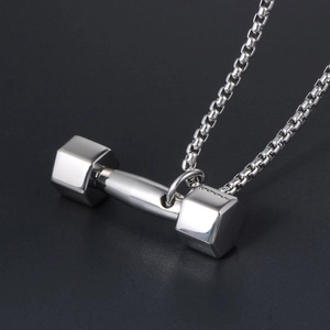 Pendentif haltère en acier inoxydable poli argenté avec chaîne maille box