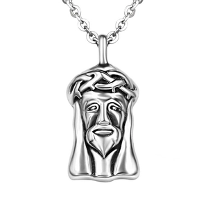 Stainless Steel Jesus Head Pendant Necklace Retro Punk Religious Jewelry Polished Casting Jesus Piece For Men Women Silver Tone