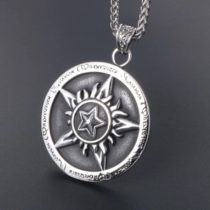 Vintage titanium steel pendant with star relief and flame pattern on grey background