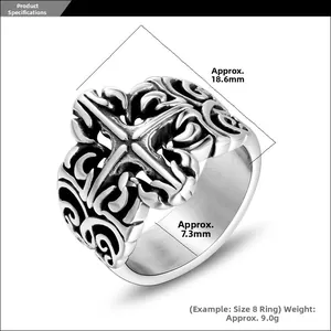 Macro detail of retro gothic titanium steel ring showing dimensions and weight metrics
