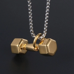 Pendentif haltère doré poli sur chaîne argentée, collier fitness élégant pour hommes et femmes