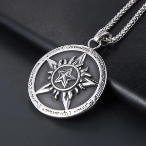 Vintage titanium steel pentagram pendant with flame patterns on dark leather