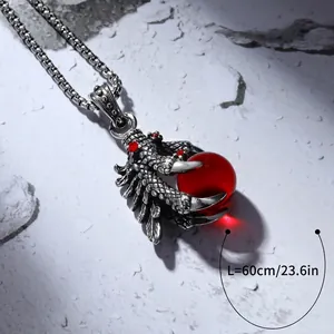 Dragon claw necklace with red crystal ball and box chain, retro gothic pendant for men
