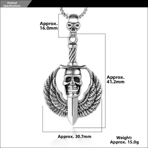 Close-up of gothic skull pendant with feather wings and dagger, including size measurements
