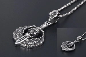 Gothic punk skull pendant with sword and wings detail on a box chain for men