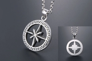 Macro view of stainless steel octagonal star pendant with Greek Key engraving details