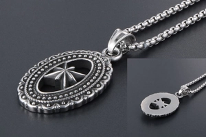 Close-up of gothic octagonal star pendant with vintage bead edge and brushed steel back