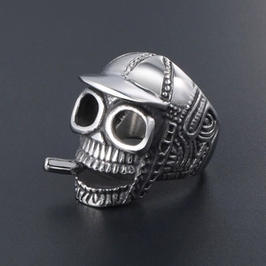 Punk vintage stainless steel skull ring with baseball cap and cigar detail for men
