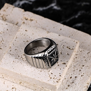 Retro punk men's star engraved square ring in antique silver finish on stone