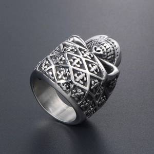 Gothic stainless steel skull ring for men with intricate floral relief and textured band