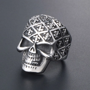 Gothic skull ring for men in matte silver stainless steel with fleur-de-lis engraving