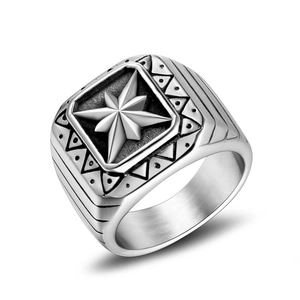 Vintage punk silver octagonal star ring for men with embossed square face and striped band