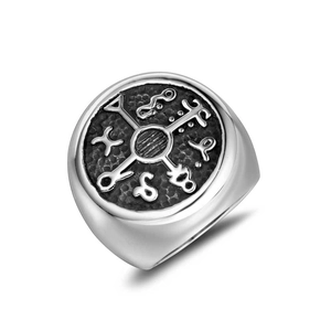 Men's retro titanium steel signet ring with engraved mystic symbols on a round face