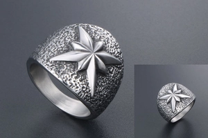 Détails de la bague rétro en acier titane avec étoile octogonale et texture martelée