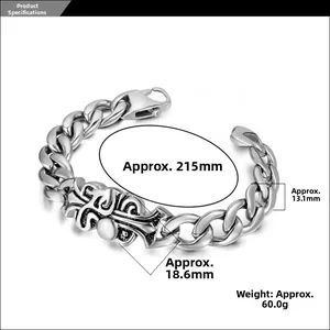 Detail view of titanium steel curb chain bracelet with gothic cross and size dimensions