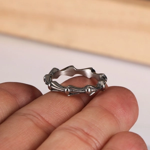 Minimalist silver titanium steel ring with unique bamboo bone texture design for women