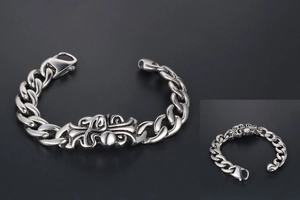 Gothic style titanium steel Cuban chain bracelet with vintage cross engraving detail