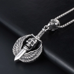 Punk gothic skull pendant with wings and sword on a silver box chain necklace