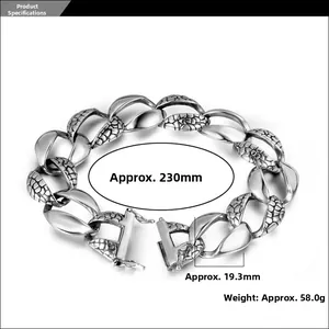 Detail view of mens heavy silver snake link bracelet with dimensions and weight specs