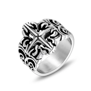 Vintage gothic titanium steel ring with ornate cross and floral engraved patterns