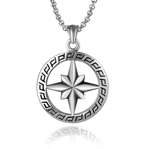 Vintage Stainless Steel Circular Eight-Pointed Star Compass Pendant Necklace Greek Key Hollow Out Punk Unisex Jewelry Gift