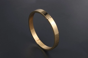 Macro shot of 24K gold plated titanium steel bangle with engraved Chinese characters