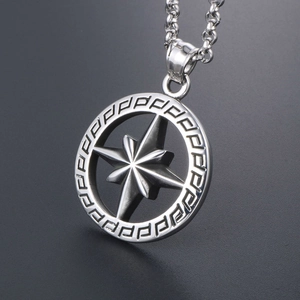 Polished titanium steel necklace with hollow round star pendant and Greek key pattern