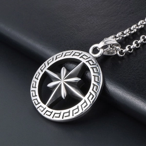 Titanium steel necklace with hollow octagon star pendant and Greek key pattern