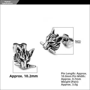 Detailed view of punk wolf head earrings with size specs and vintage silver finish