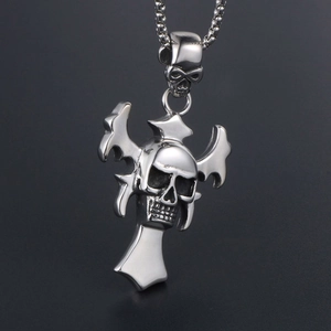 Gothic skull cross pendant necklace in polished stainless steel with square pearl chain