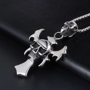 Gothic skull and cross pendant necklace made of polished stainless steel for punk style