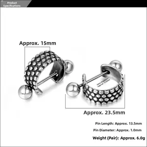 Detailed size measurement of silver punk earrings with textured dot pattern and barbell closure