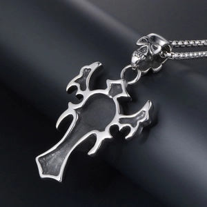 Gothic skull and cross pendant necklace in vintage titanium steel with beaded chain