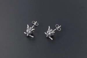 Macro view of retro wolf head stud earrings with detailed fur texture and silver finish