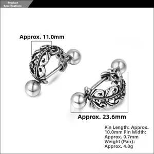 Détail de boucles d'oreilles rétro gravées avec dimensions et caractéristiques