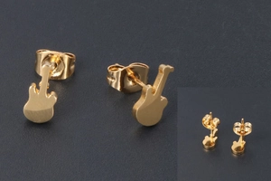 Detail view of gold-plated guitar stud earrings featuring a butterfly backing