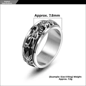 Detail of 7.8mm dragon embossed rotatable punk ring with dimensions and weight info